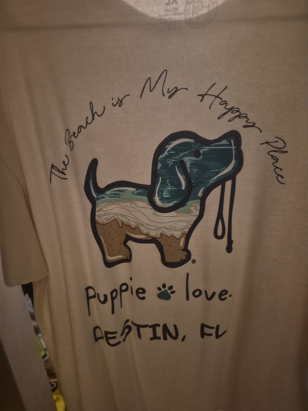 Puppie Love Cream Short-Sleeve Tee with Teal Dog Graphic